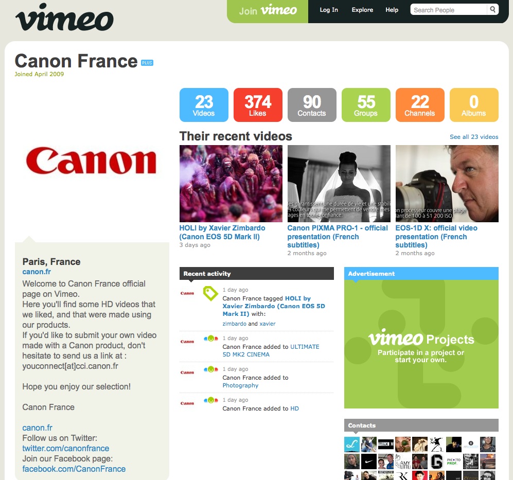 Page Vimeo Canon France