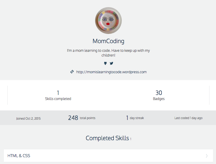 Momcoding HTML badges on Codecademy